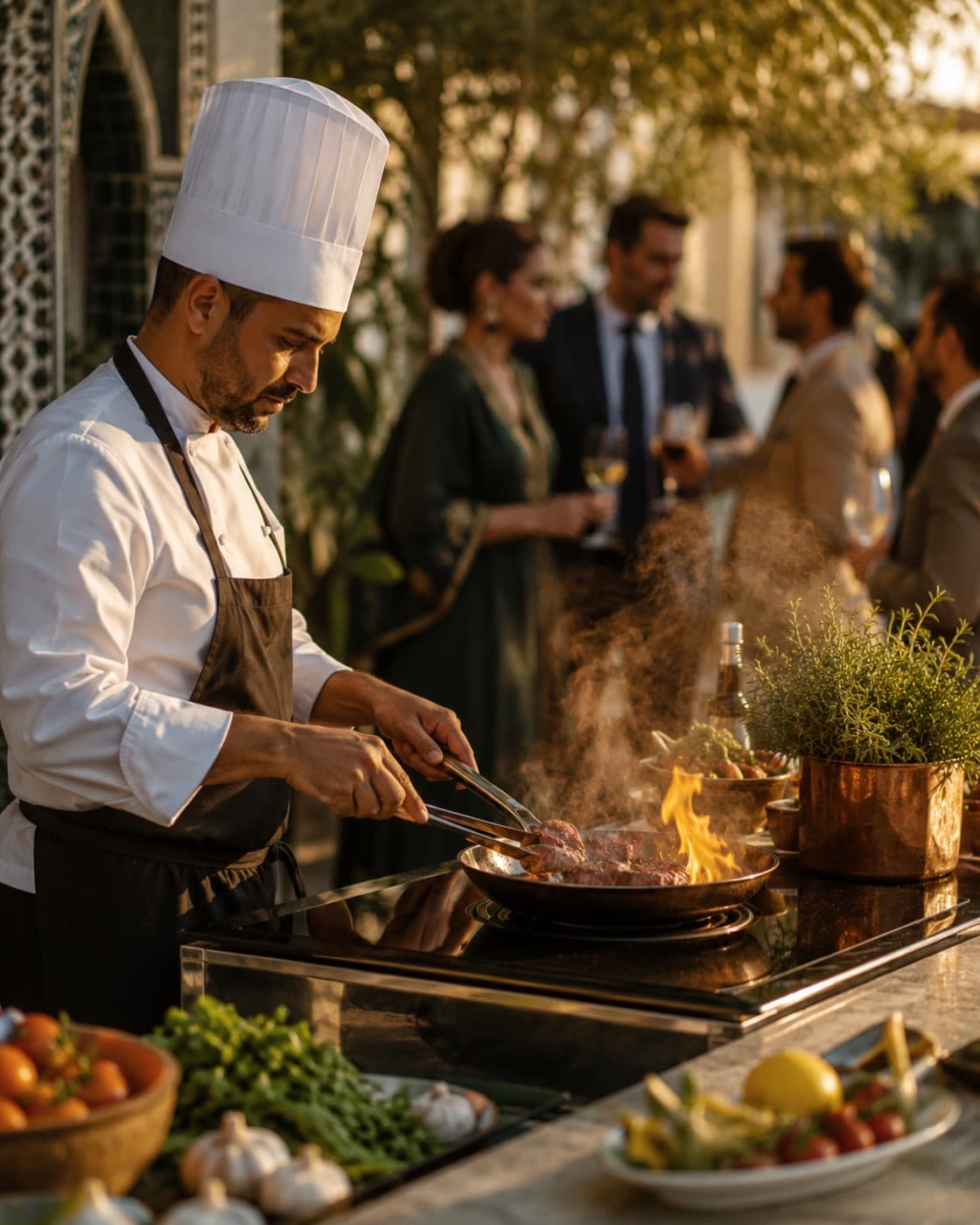 Chef cuisinant en direct devant les invités