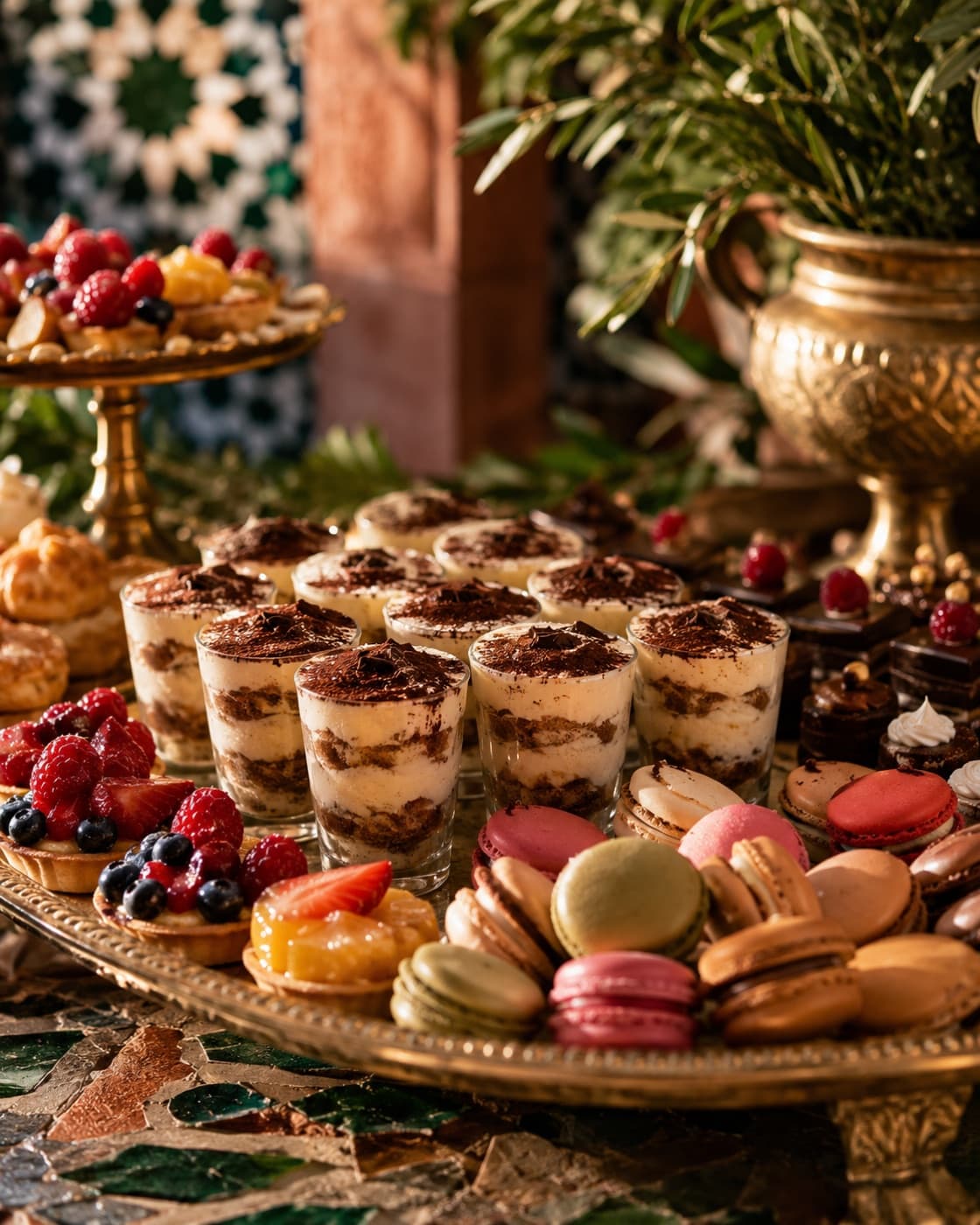 Desserts, macarons et tiramisu sur un stand sucré premium