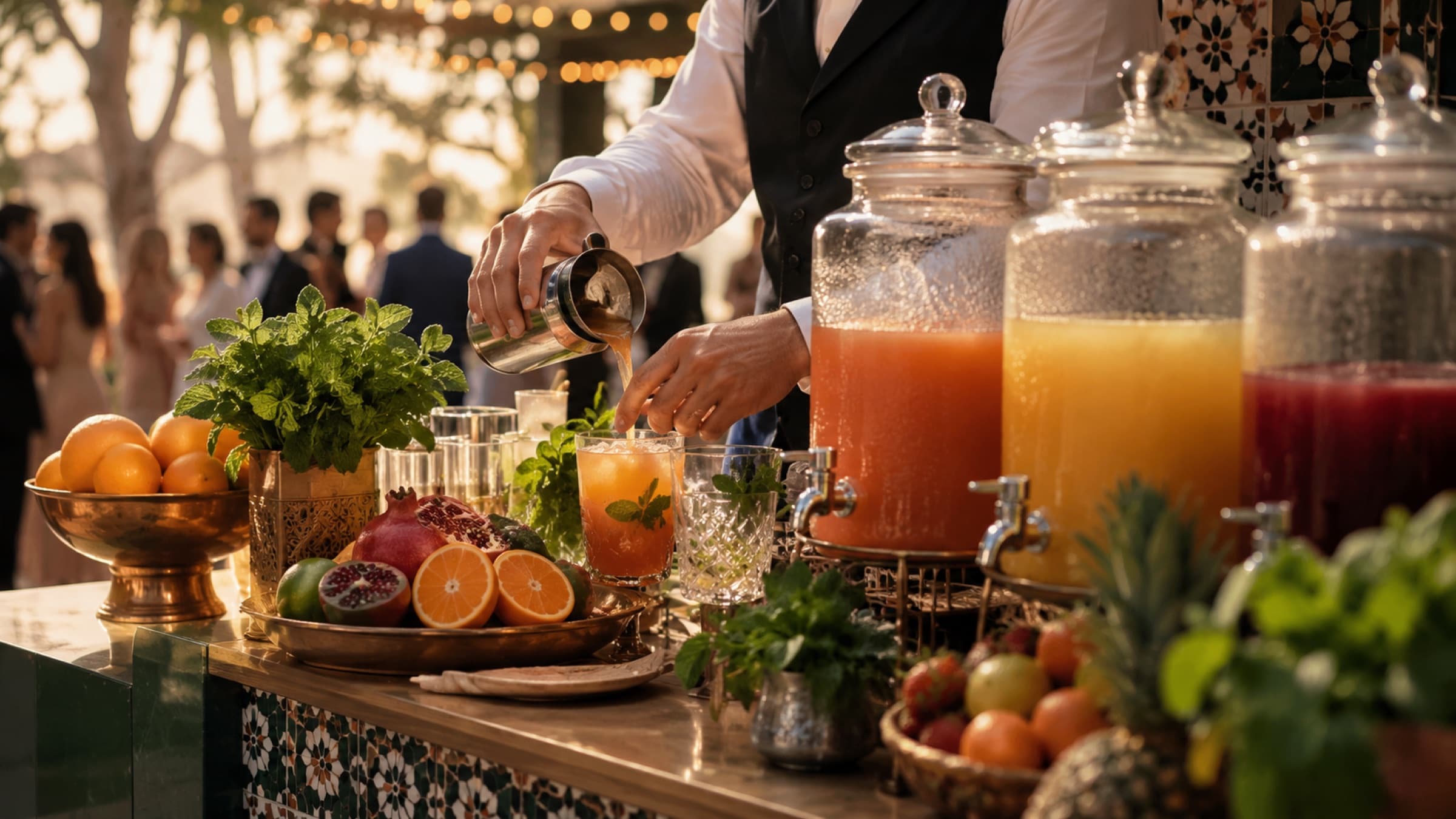 Mixologue préparant des cocktails et jus frais lors d'un mariage en Tunisie